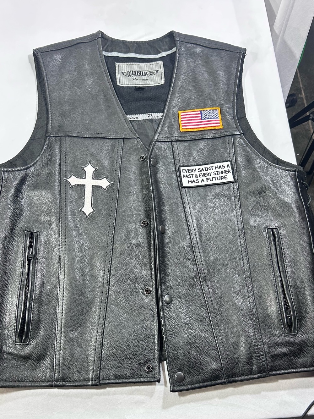 UNIK Black Leather Vest with Cross Patch and Flag Detail